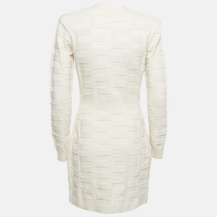 Pre Owned Elisabetta Franchi Cream Textured Knit Double Breasted Cardigan Mini Dress M