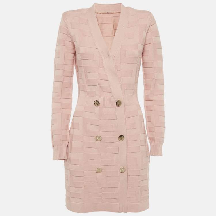 Pre Owned Elisabetta Franchi Pink Textured Knit Double Breasted Cardigan Mini Dress M