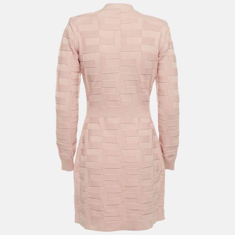 Pre Owned Elisabetta Franchi Pink Textured Knit Double Breasted Cardigan Mini Dress M