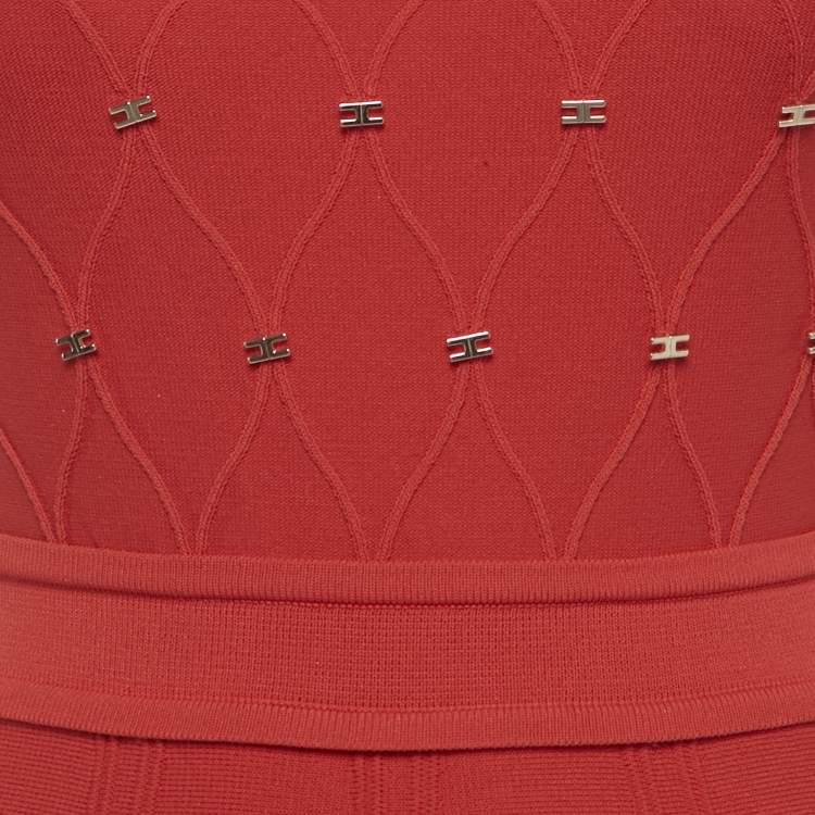 Pre Owned Elisabetta Franchi Red Logo Embellished Knit Mini Dress S