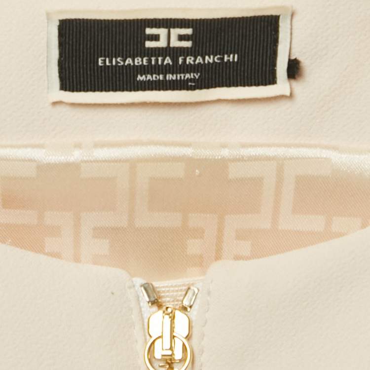Pre Owned Elisabetta Franchi Cream Crepe Flounced Hem Mini Dress L