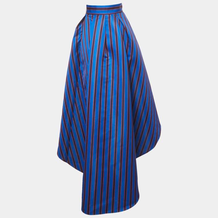 Pre Owned Elisabetta Franchi Blue Striped Print Satin High Low Skirt L 