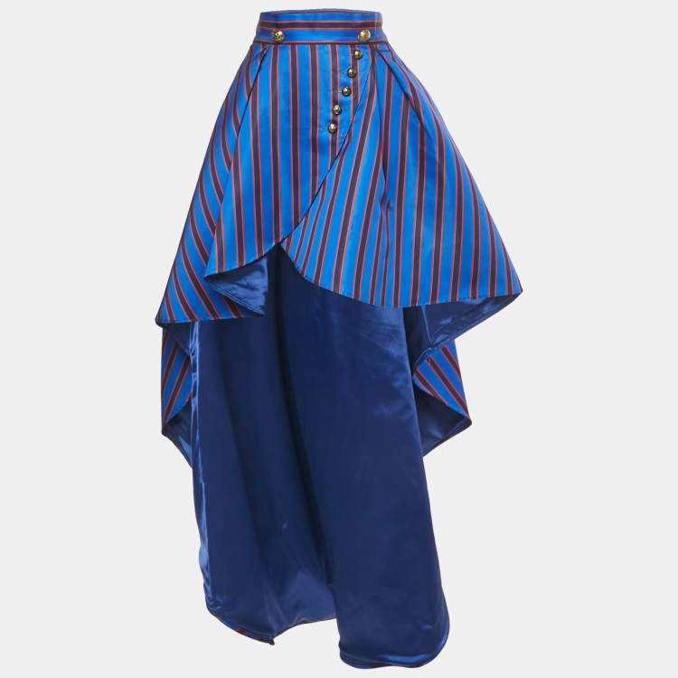 Pre Owned Elisabetta Franchi Blue Striped Print Satin High Low Skirt L 