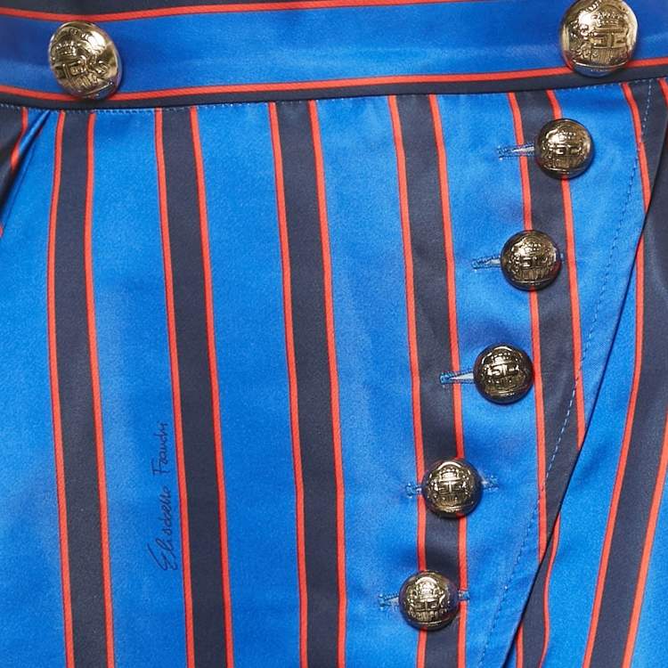 Pre Owned Elisabetta Franchi Blue Striped Print Satin High Low Skirt L 