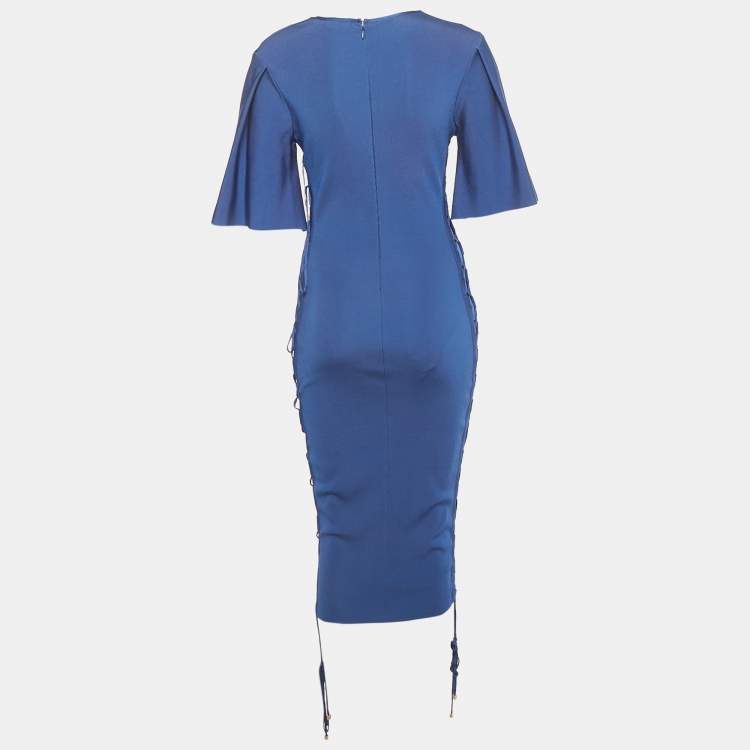 Pre Owned Elisabetta Franchi Blue Jersey Lace Up Detail Bodycon Dress M