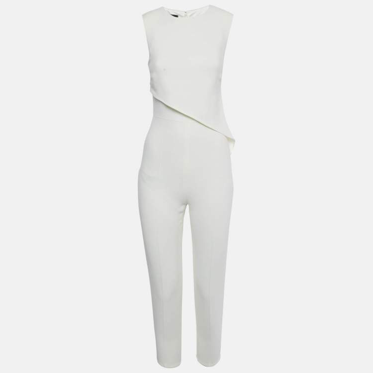 Pre Owned Elisabetta Franchi Off White Crepe Asymmetric Belted Jumpsuit S 