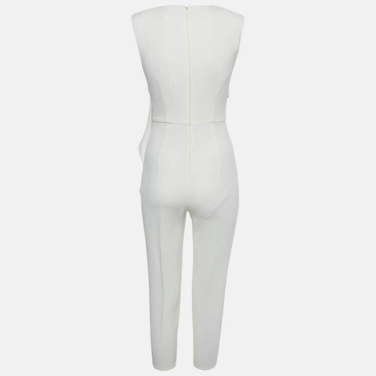 Pre Owned Elisabetta Franchi Off White Crepe Asymmetric Belted Jumpsuit S 