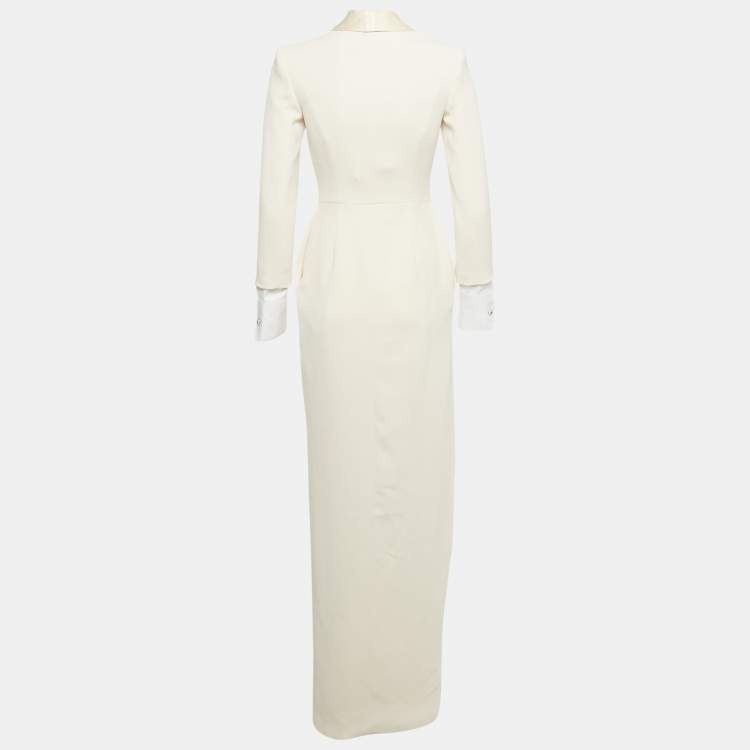Pre Owned Elisabetta Franchi Cream Crepe Double Breasted Asymmetric Long Coat S