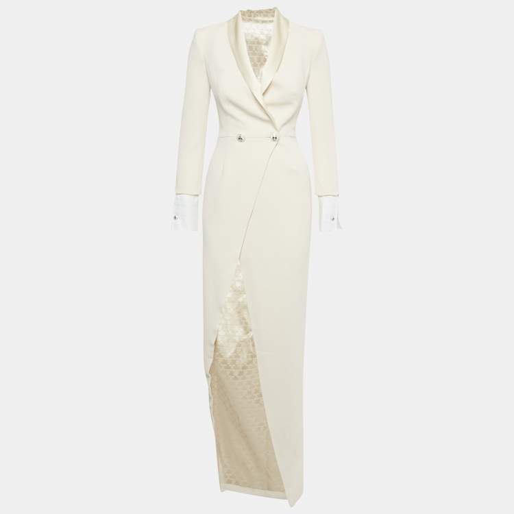 Pre Owned Elisabetta Franchi Cream Crepe Double Breasted Asymmetric Long Coat S