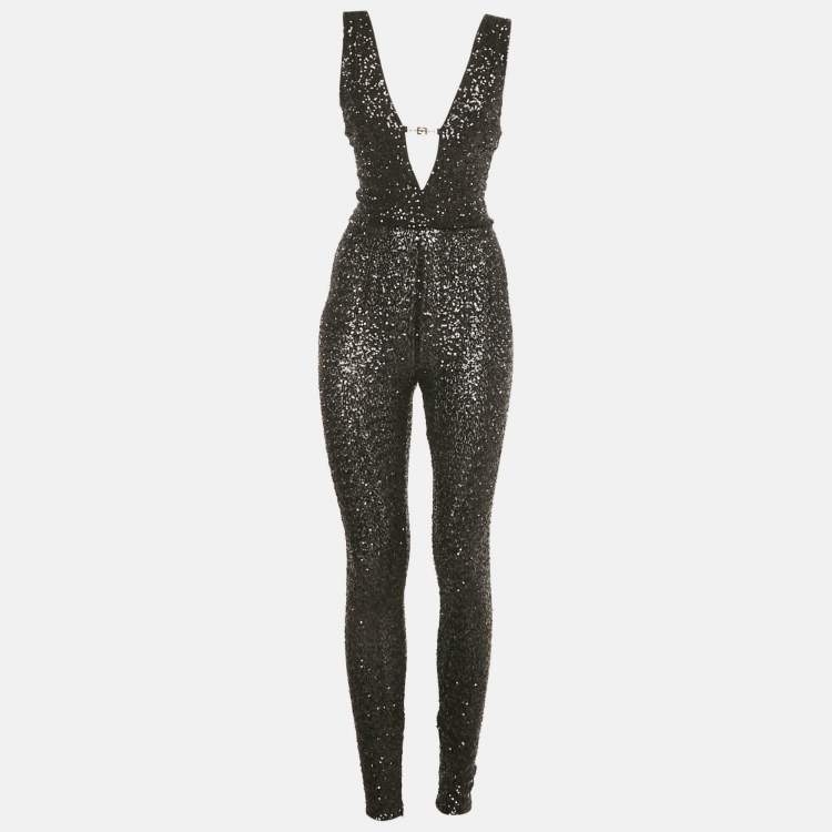 Pre Owned Elisabetta Franchi Black Sequins Plunge Neck Body Fitted Jumpsuit S  