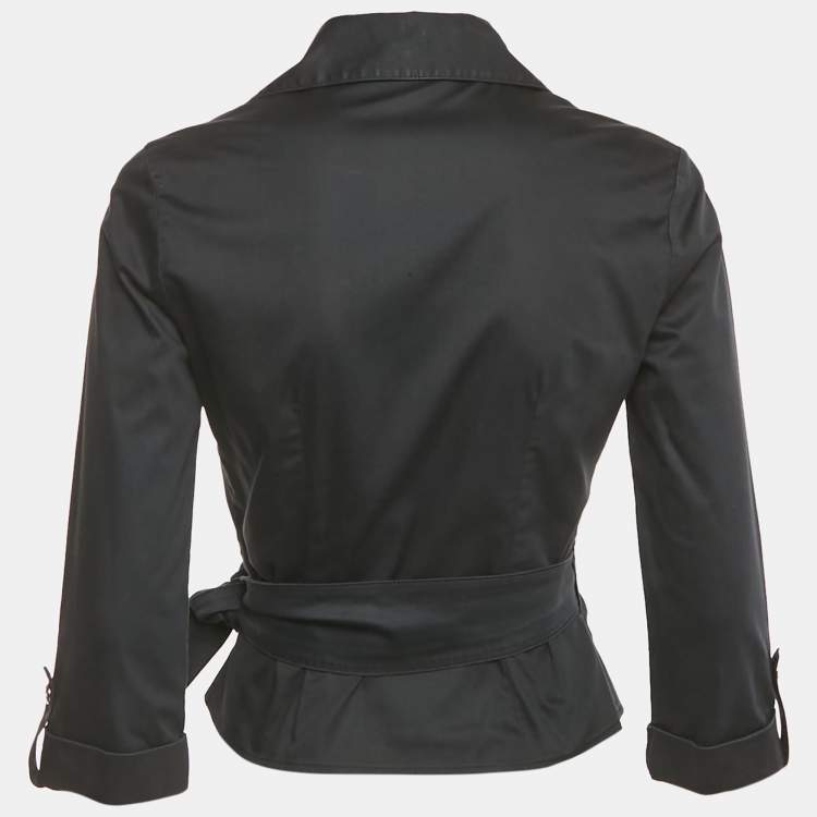 Pre Owned Elisabetta Franchi Black Cotton Buckle Detail Wrap Around Top M