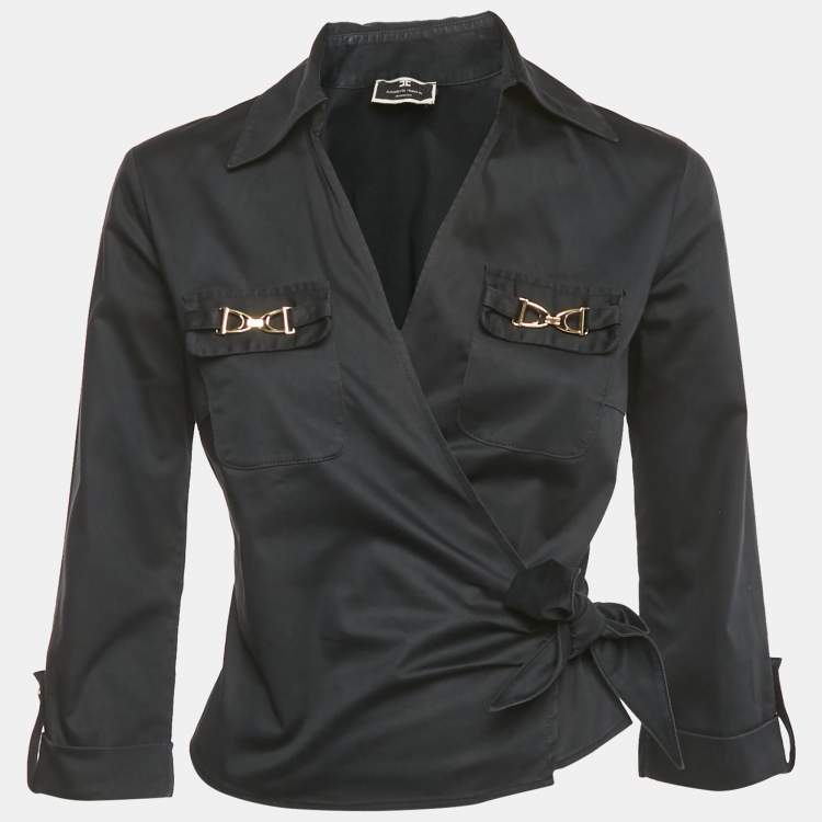 Pre Owned Elisabetta Franchi Black Cotton Buckle Detail Wrap Around Top M