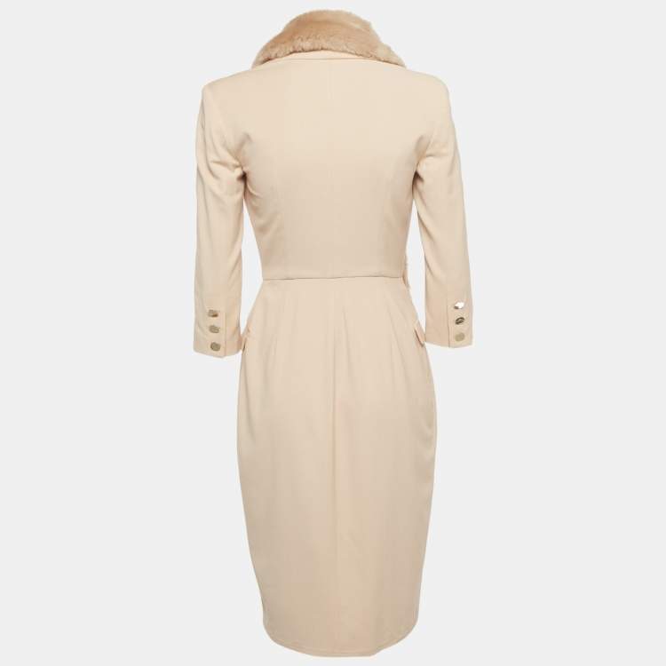 Pre Owned Elisabetta Franchi Pink Crepe Faux Fur Collar Double Breasted Coat S