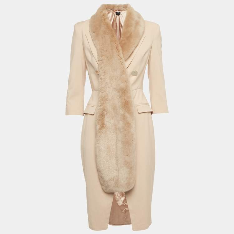 Pre Owned Elisabetta Franchi Pink Crepe Faux Fur Collar Double Breasted Coat S
