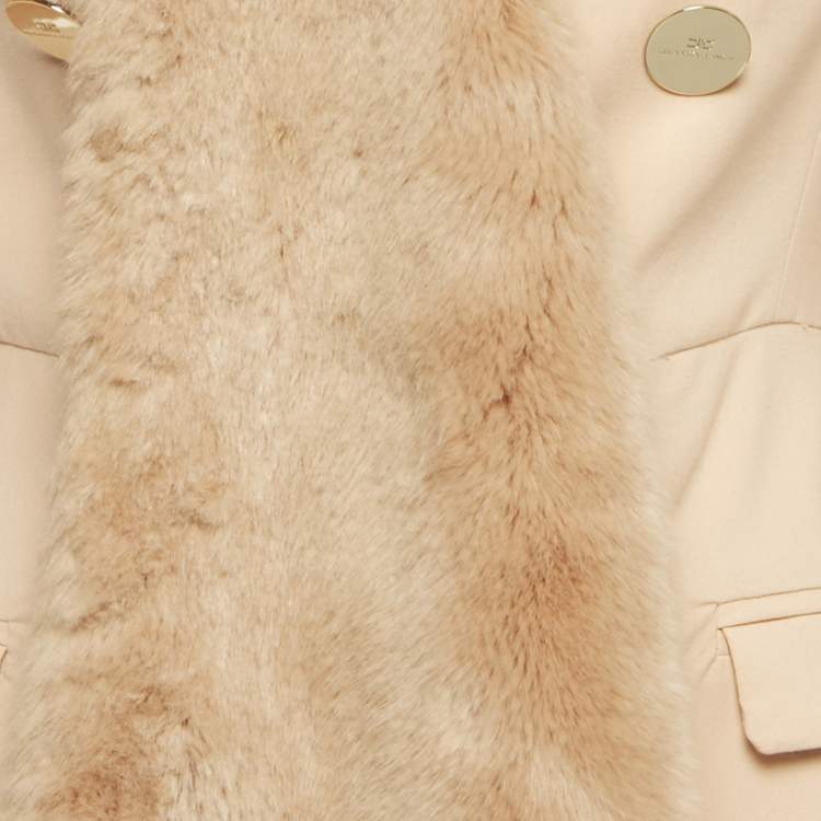 Pre Owned Elisabetta Franchi Pink Crepe Faux Fur Collar Double Breasted Coat S