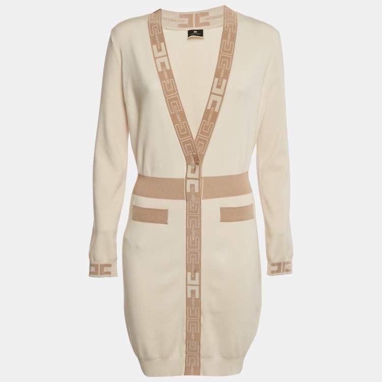 Pre Owned Elisabetta Franchi Light Beige Knit Logo Detail Button Front Cardigan Dress M