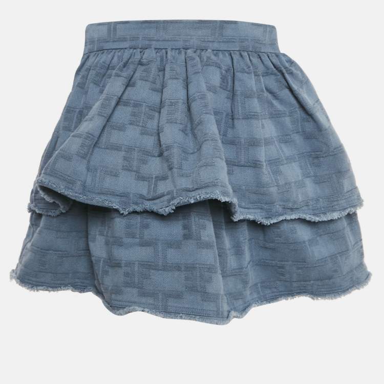 Pre Owned Elisabetta Franchi Blue Logo Pattered Cotton Layered Mini Skirt S  