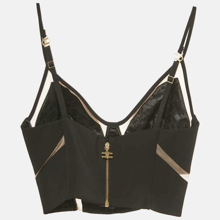 Pre Owned Elisabetta Franchi Black Crepe & Mesh Detailed Strappy Bustier Top S
