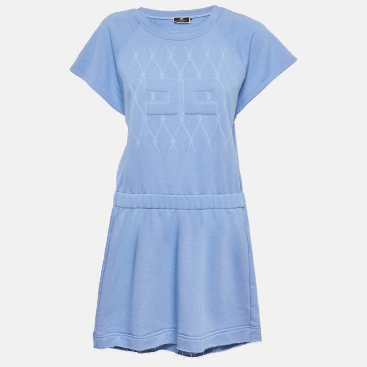 Pre Owned Elisabetta Franchi Blue Logo Embossed Cotton Blend Mini Dress L