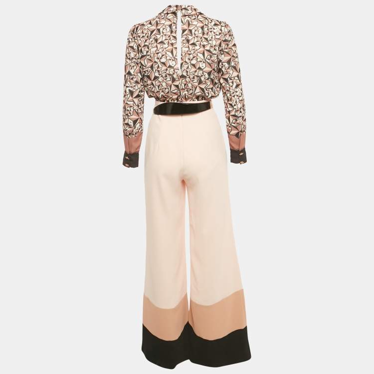 Pre Owned Elisabetta Franchi Peach/Multicolor Printed Crepe Detachable Belted Jumpsuit S