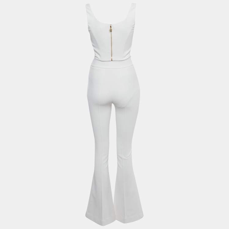 Pre Owned Elisabetta Franchi White Crepe Crop Top & Flared Pant Set M/S