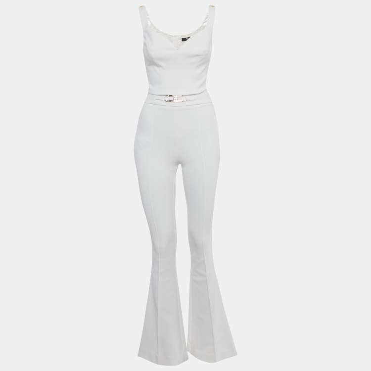 Pre Owned Elisabetta Franchi White Crepe Crop Top & Flared Pant Set M/S