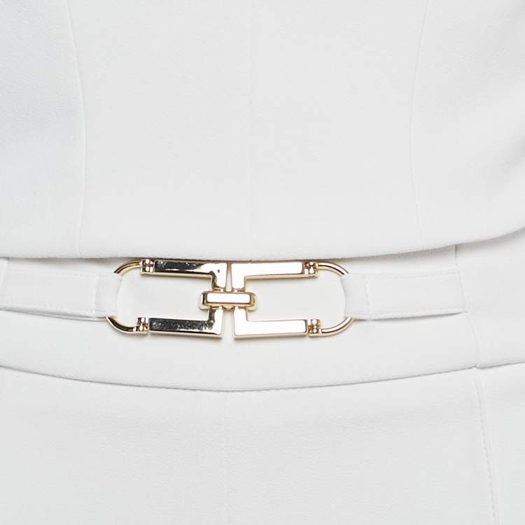 Pre Owned Elisabetta Franchi White Crepe Crop Top & Flared Pant Set M/S