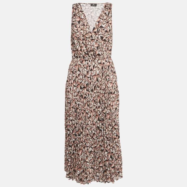 Pre Owned Elisabetta Franchi Brown Printed Crepe Pleat Detail Midi Dress M