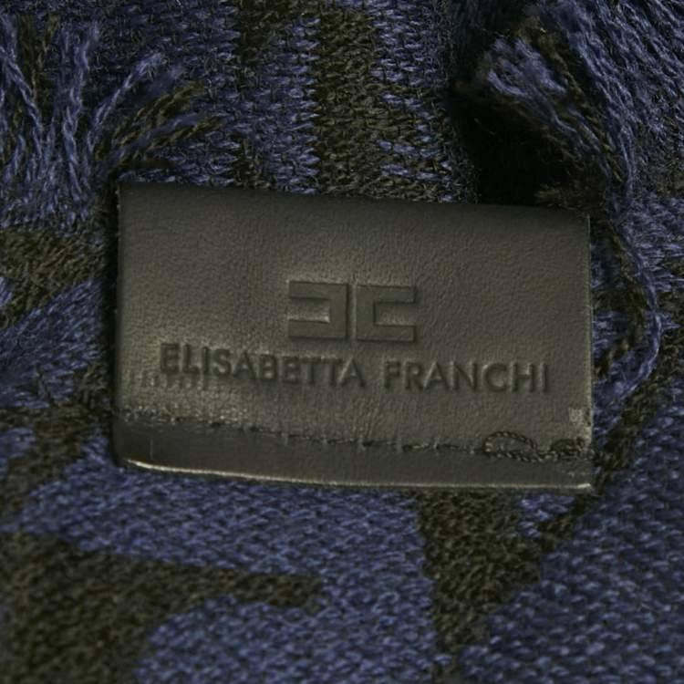 Pre Owned Elisabetta Franchi Black /Blue Lettering Intarsia Wool Blend Fringed Cape One Size   