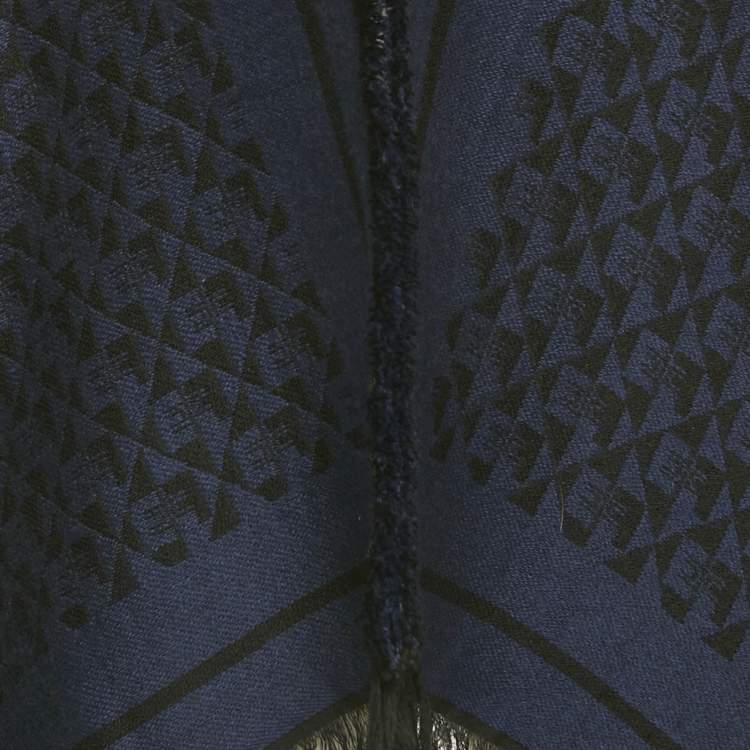 Pre Owned Elisabetta Franchi Black /Blue Lettering Intarsia Wool Blend Fringed Cape One Size   
