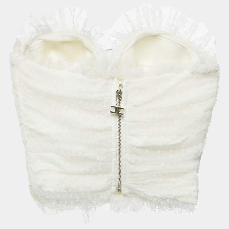 Pre Owned Elisabetta Franchi White Swiss Dot Tulle Ruffled Strapless Top S