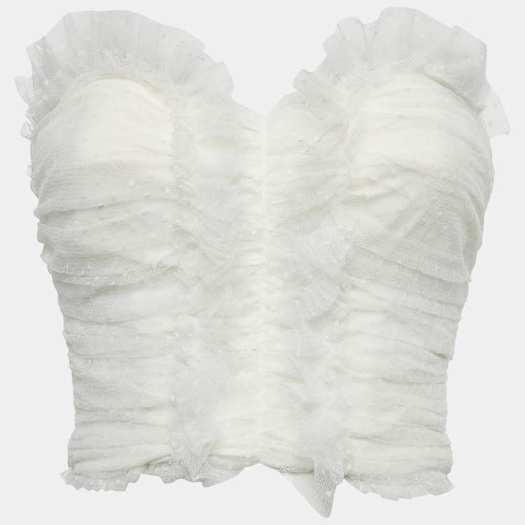 Pre Owned Elisabetta Franchi White Swiss Dot Tulle Ruffled Strapless Top S