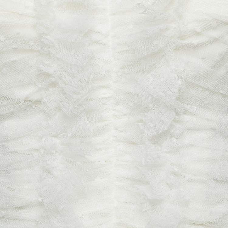 Pre Owned Elisabetta Franchi White Swiss Dot Tulle Ruffled Strapless Top S