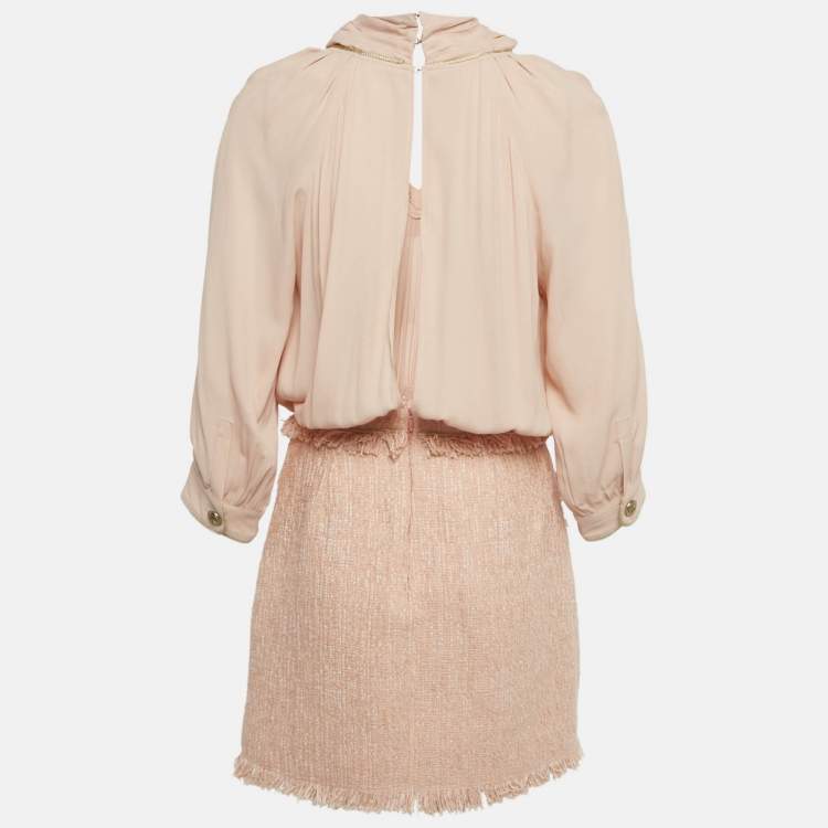 Pre Owned Elisabetta Franchi Light Orange/ Peach Crepe and Tweed Detachable Blouse Mini Dress M