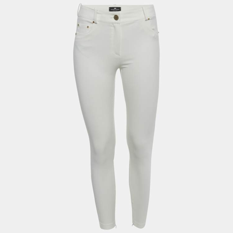 Pre Owned Elisabetta Franchi White Nylon Slim Fit Trousers M