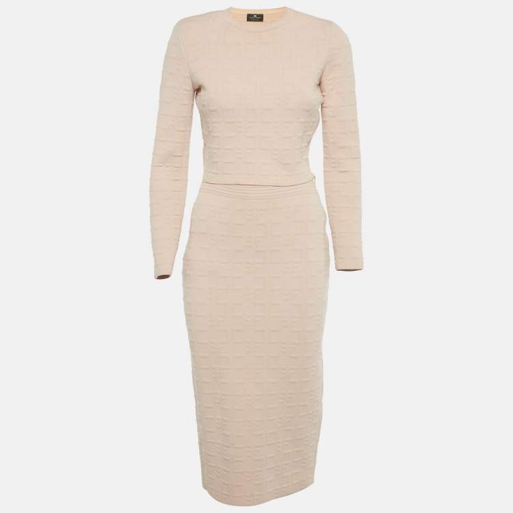 Pre Owned Elisabetta Franchi Pink Monogram Jacquard Knit Sweater Top and Skirt Set M