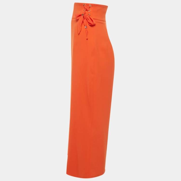 Pre Owned Elisabetta Franchi Orange Crepe Wide Leg Trousers S