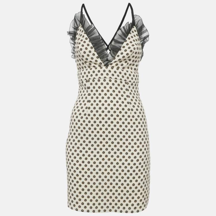 Pre Owned Elisabetta Franchi Cream Floral Print Crepe Ruffled Sleeveless Mini Dress S
