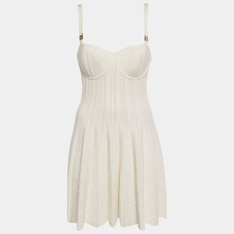 Pre Owned Elisabetta Franchi Off-White Patterned Knit Bustier Flared Mini Dress S