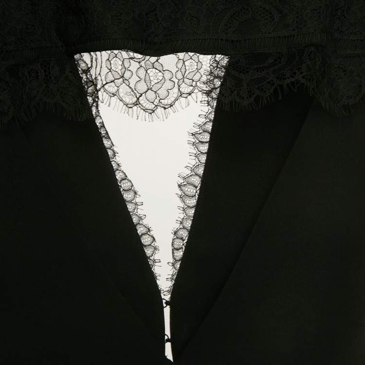 Pre Owned Elisabetta Franchi Black Crepe Lace Detail Cut-Out Top L