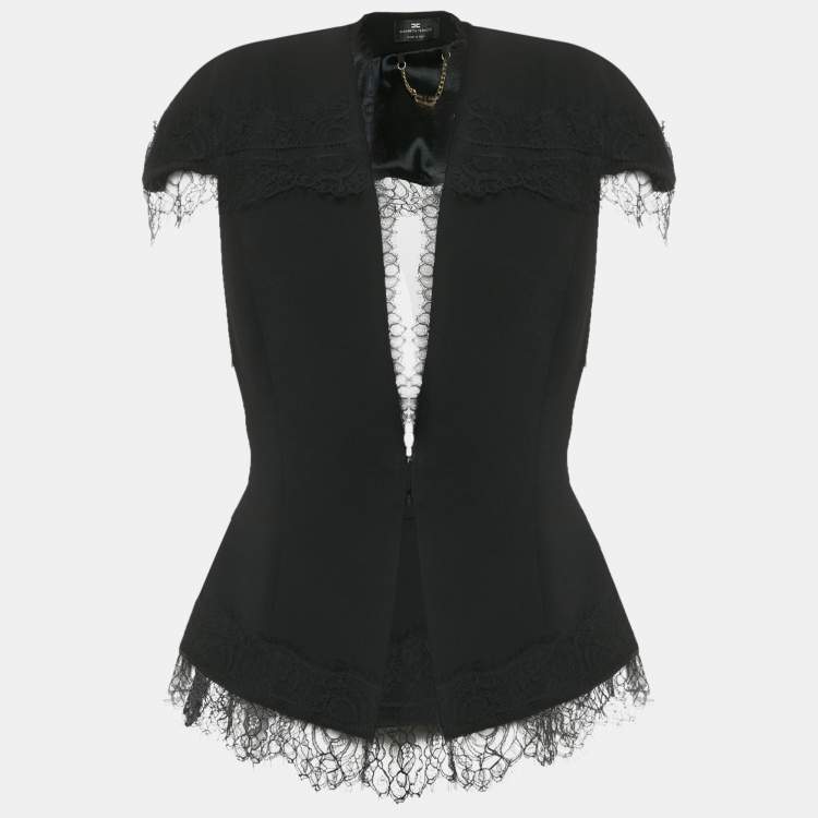 Pre Owned Elisabetta Franchi Black Crepe Lace Detail Cut-Out Top L
