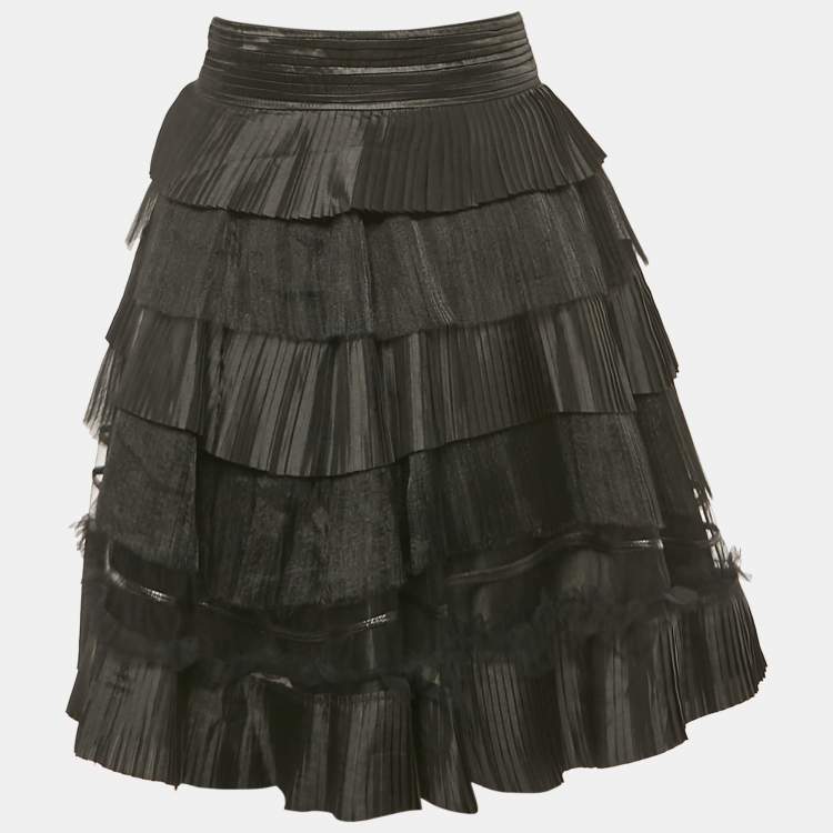Pre Owned Elisabetta Franchi Black Tulle and Crepe Frill Tiered Mini Skirt M