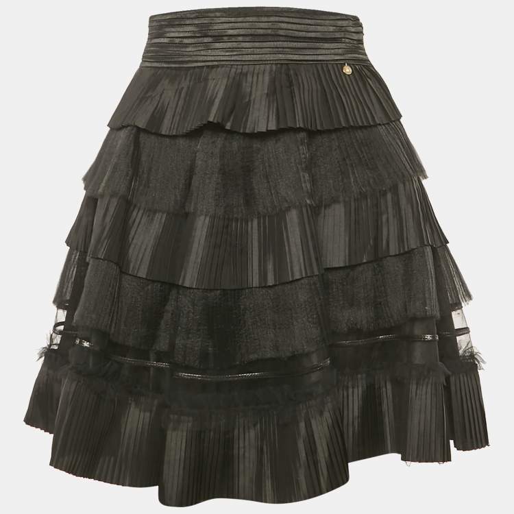 Pre Owned Elisabetta Franchi Black Tulle and Crepe Frill Tiered Mini Skirt M