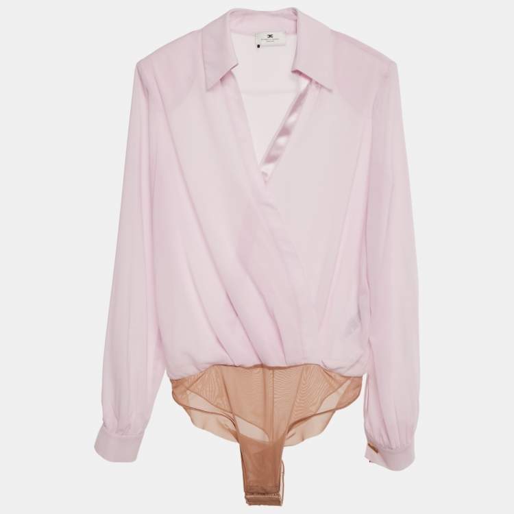 Pre Owned Elisabetta Franchi Pink Crepe Sheer Bodysuit M 