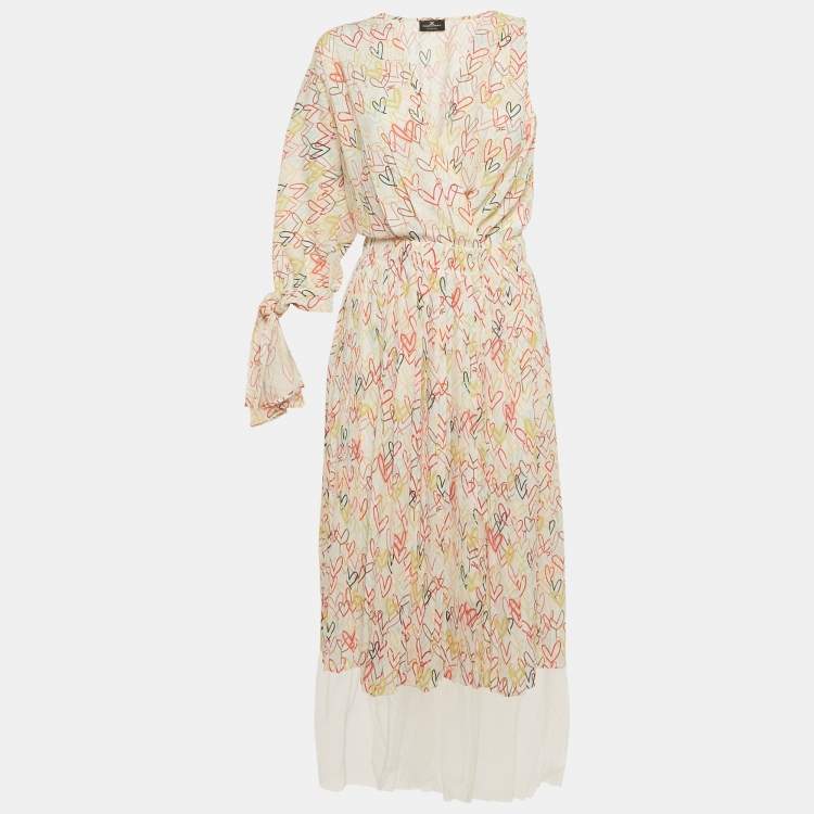 Pre Owned Elisabetta Franchi Multicolor Heart Print Crepe One Shoulder Midi Dress M