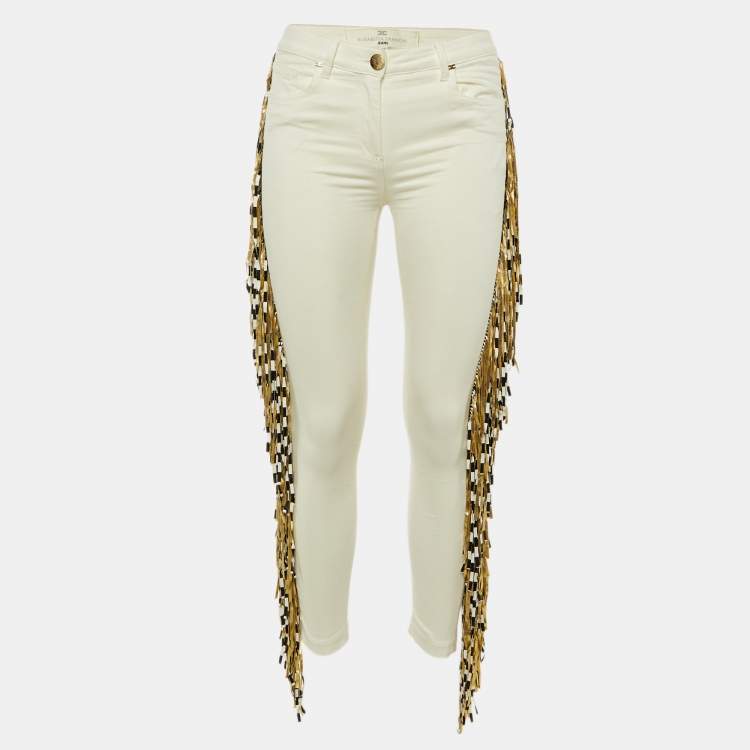 Pre Owned Elisabetta Franchi Jeans Ivory Denim Fringed Skinny Jeans S/Waist 29"