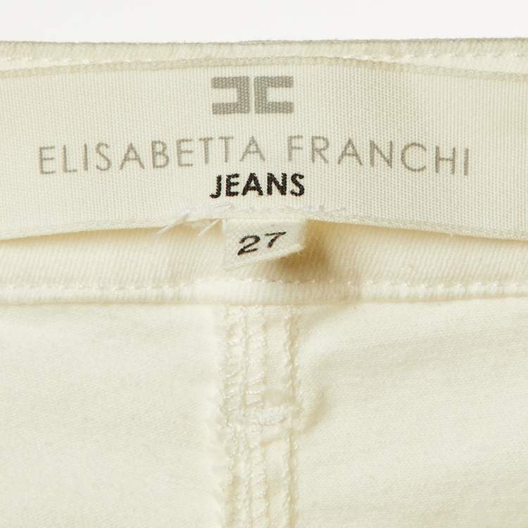 Pre Owned Elisabetta Franchi Jeans Ivory Denim Fringed Skinny Jeans S/Waist 29"