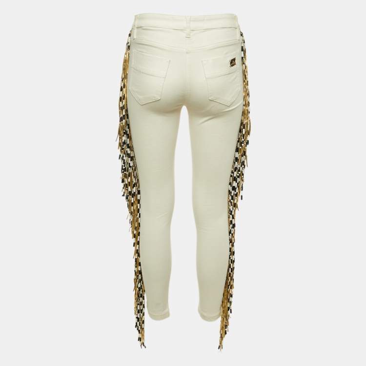 Pre Owned Elisabetta Franchi Jeans Ivory Denim Fringed Skinny Jeans S/Waist 29"
