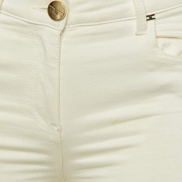 Pre Owned Elisabetta Franchi Jeans Ivory Denim Fringed Skinny Jeans S/Waist 29"