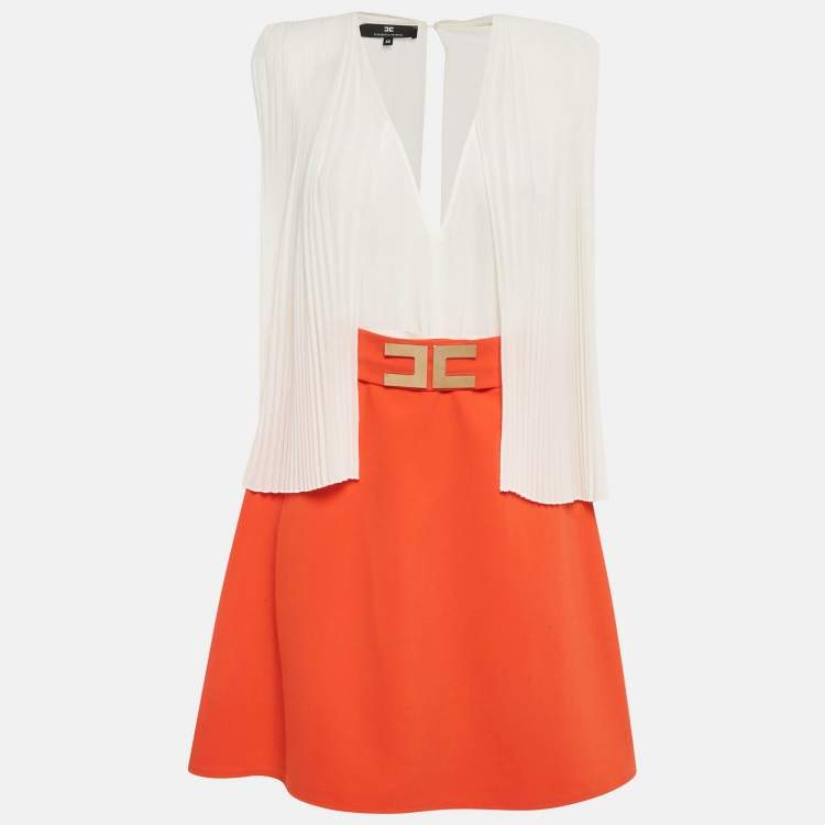 Pre Owned Elisabetta Franchi White /Orange Detachable Mini Plisses Drape Dress L 